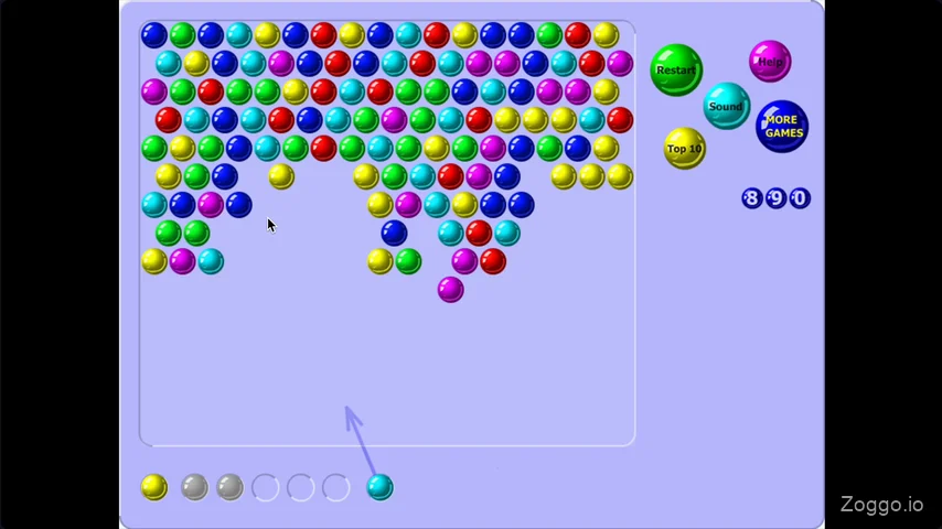Bubble Shooter classic layout showing launcher, next-bubble preview, and silver miss counter