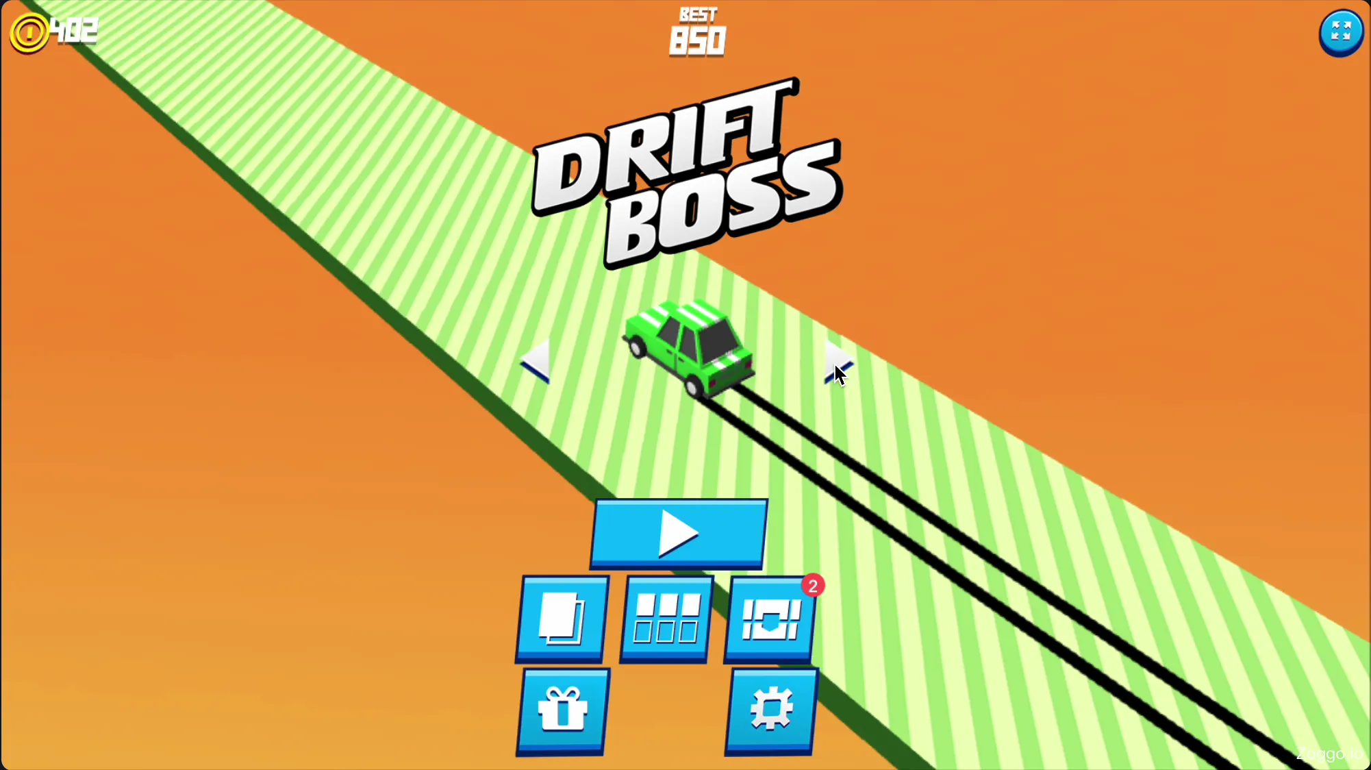 Drift Boss gameplay showing the garage menu with unlockable vehicles and coin costs