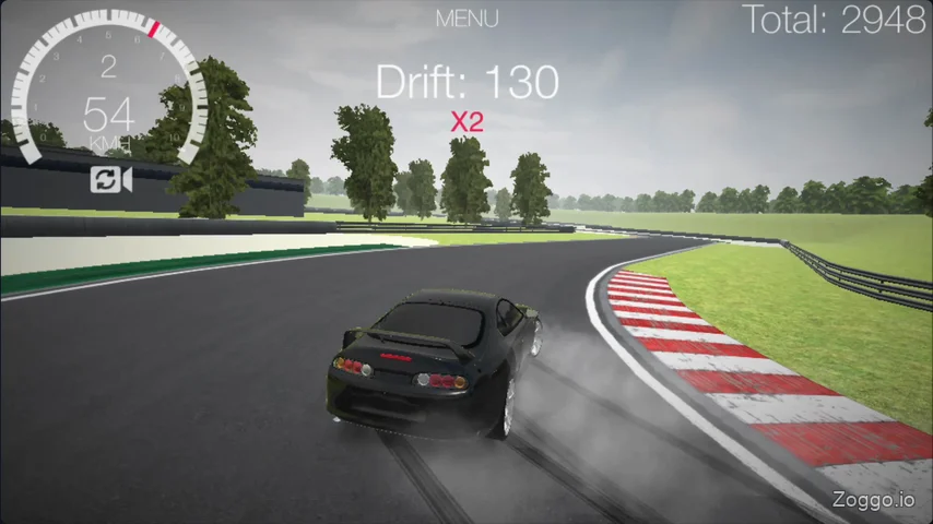 Drift Hunters combo multiplier showing 2x score boost and tire smoke during linked left-right drift