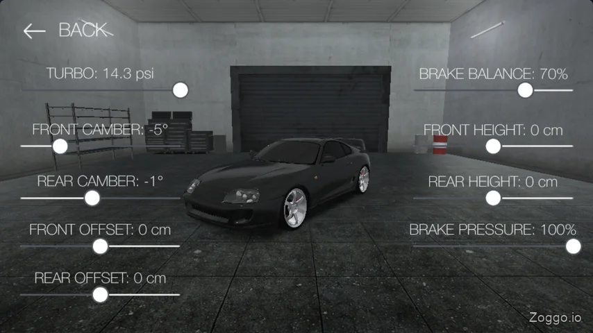 Drift Hunters tuning menu interface with turbo pressure and suspension adjustment sliders