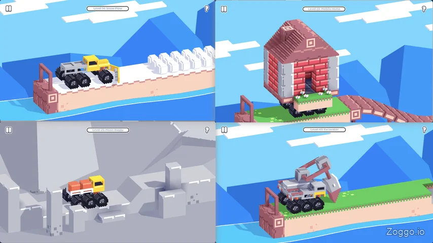 Collage of diverse levels featuring snow tracks, moon gravity, home items, and an excavator