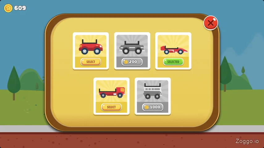 Unlockable vehicles in the Eggy Car garage including the Offroad Buddy with a lower body for stability
