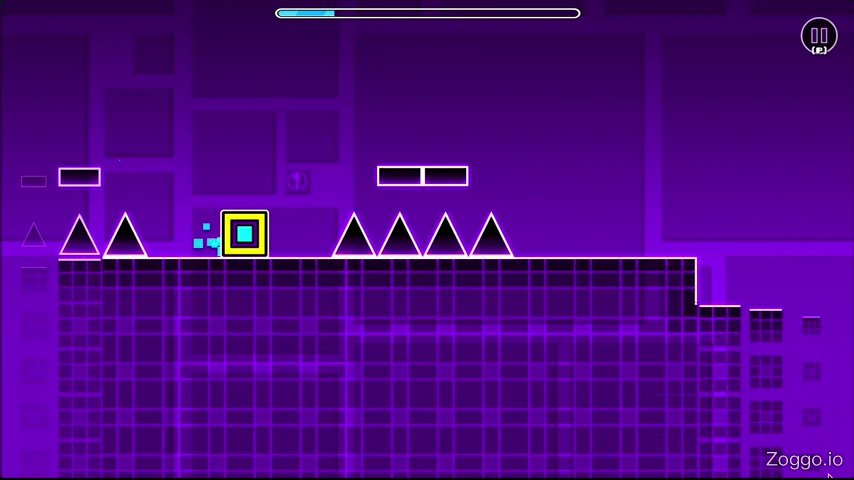 Geometry Dash player cube hitting a spike and instantly restarting the level without loading screens