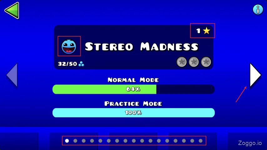 Geometry Dash level selection screen displaying the difficulty face icon, star rating, and progress bar