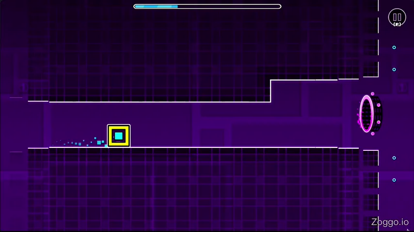 Player cube jumping into a portal and transforming into a flying ship with altered gravity in Geometry Dash