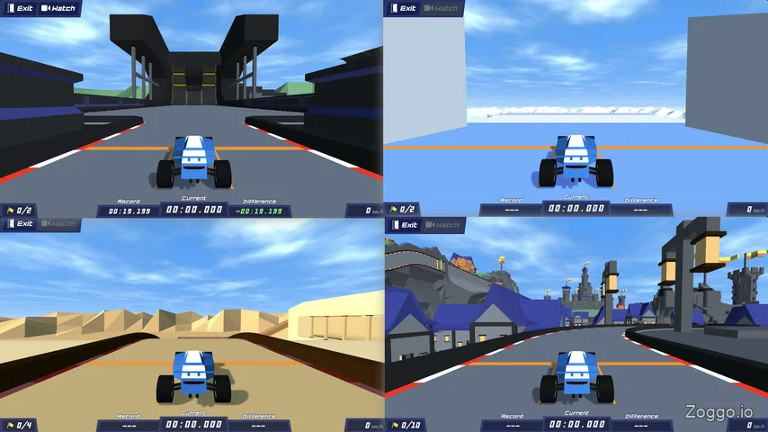 Four PolyTrack environments including Summer, Winter, Desert biomes and a community track