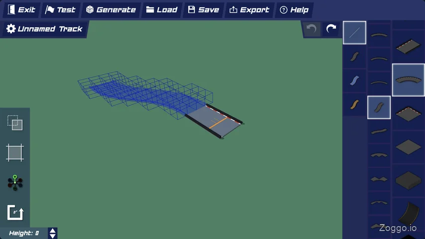 PolyTrack level editor interface showing track pieces, loops, and a custom circuit layout