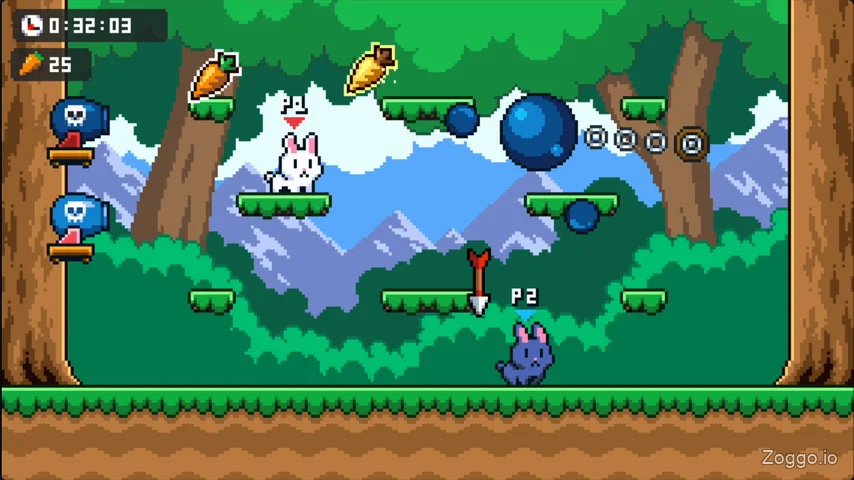 Two players teaming up in Poor Bunny local co-op multiplayer mode
