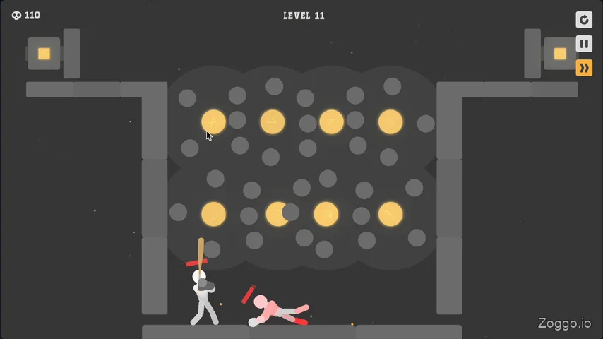 Stickman unable to swing a long wooden stick due to narrow space and obstacles in Ragdoll Hit