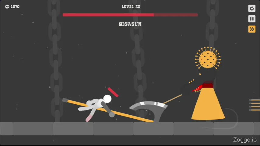 Tiny stickman swinging a stolen massive boss weapon to defeat the giant boss in Ragdoll Hit