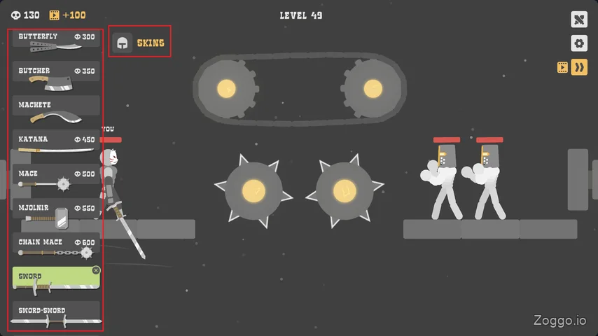 Equipping a purchased sword from the armory to gain an advantage in a weaponless level in Ragdoll Hit