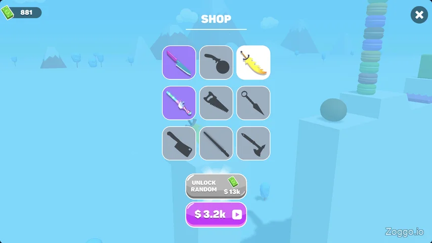 Slice Master Knife Shop showing unlocked skins and the increasing random unlock coin cost