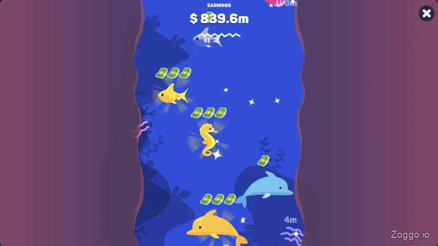 Tiny Fishing aquarium showing caught fish generating passive coin income