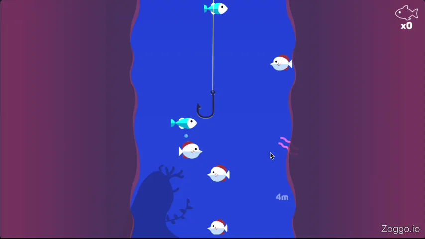 Player steering the hook to catch rare glowing fish in Tiny Fishing