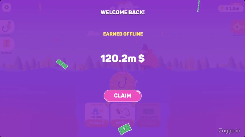 Massive offline earnings reward screen in Tiny Fishing idle game