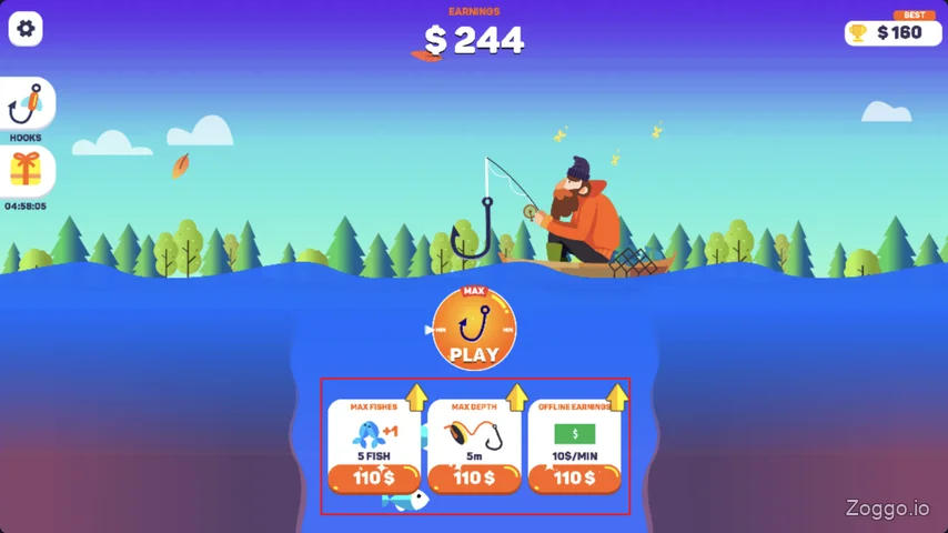 Tiny Fishing upgrade panel showing Max Fishes, Max Depth, and Offline Earnings costs