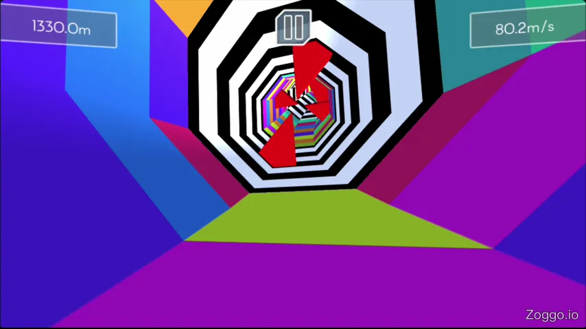 High-speed rotating 8-sided tunnel in Tunnel Rush with neon obstacles