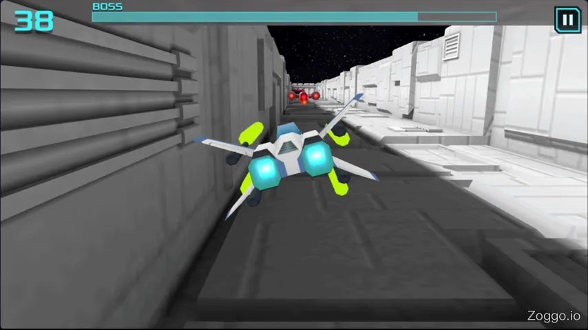 Player holding down and left keys to safely hide in the corner and dodge boss fireballs in X Trench Run