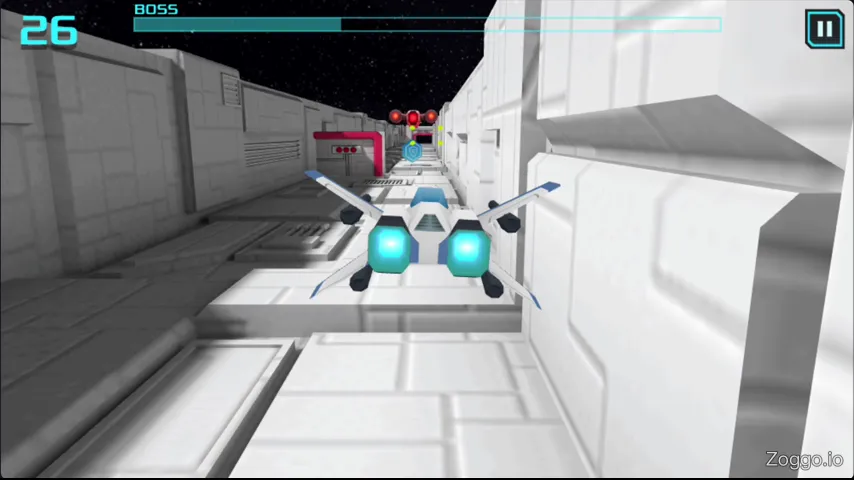 Ship using a Force Shield power-up to aggressively attack the boss while ignoring fireballs in X Trench Run