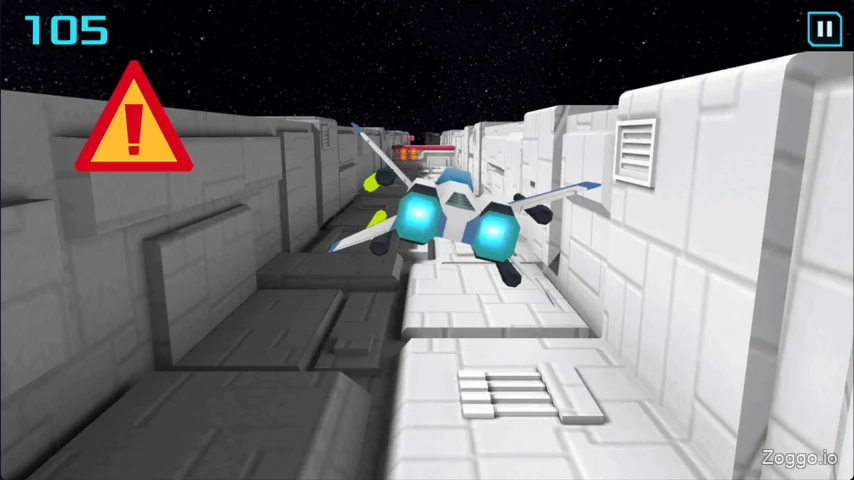 Player avoiding exclamation mark warning signs before an enemy turret spawns in X Trench Run